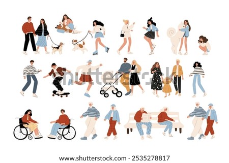 Vector illustration of diverse characters in everyday urban scenes. People walking dogs, skating, using wheelchairs, pushing strollers. Couples, families, individuals of various ages and ethnicities.