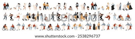 Vector illustration of diverse characters in everyday urban scenes. People walking dogs, skating, using wheelchairs, pushing strollers. Couples, families, individuals of various ages and ethnicities.