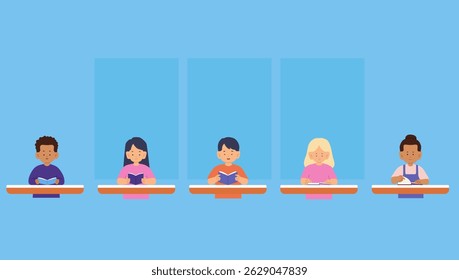 Vector illustration of diverse children reading the books in class. Welcome back to school. The new academic semester year start.