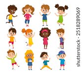 Vector illustration of diverse children in various poses and expressions, including happy kids, kids with disabilities, and kids engaging in playful activities. Cartoon kids isolated on white.