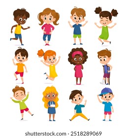 Ilustración vectorial de diversos niños en diversas poses y expresiones, incluyendo niños felices, niños con discapacidades y niños que participan en actividades lúdicas. Niños de dibujos animados aislados en blanco.