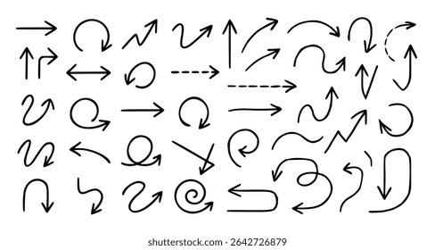 Vector illustration of a diverse collection of black arrows on a white background, showcasing various styles and directions, including curved, straight, zigzag, looped, spiral, and segmented arrows - Powered by Shutterstock - Get 15% off with code: PIKWIZARD15
