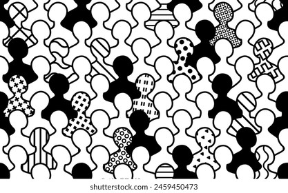 Vector illustration. Diverse crowd of people, abstract seamless pattern. Community, society, different personalities and cultures make population. Multicultural nature, International rights concept.