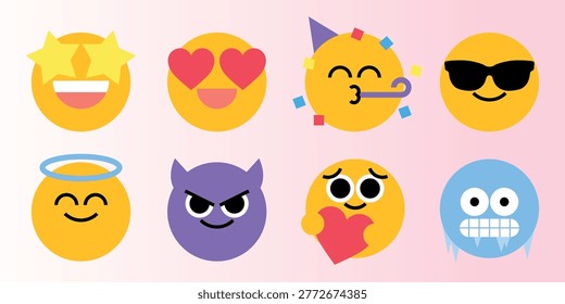 Vector illustration of diverse emoticons with various expressions, including love, celebration, cool, angelic, devilish, and more.