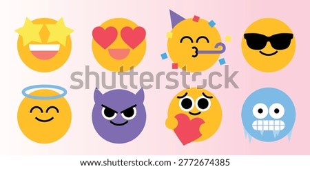 Vector illustration of diverse emoticons with various expressions, including love, celebration, cool, angelic, devilish, and more.