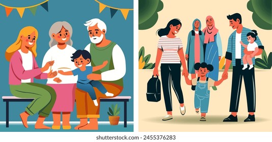 Ilustración vectorial de una familia diversa dando un paseo en un entorno urbano.