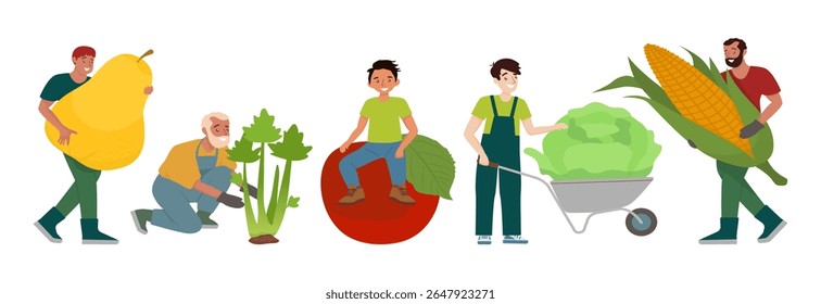 Vector illustration of diverse farmers carrying giant vegetables including pear, celery, tomato, cabbage, and corn. Image exudes teamwork and agricultural abundance.