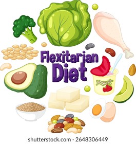 Vector illustration of diverse flexitarian diet foods with vibrant colors and playful composition, highlighting healthy eating choices