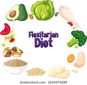 Vector illustration of diverse foods in a flexitarian diet, featuring vibrant colors and a circular composition