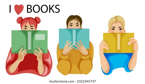 vector illustration of diverse girls with books