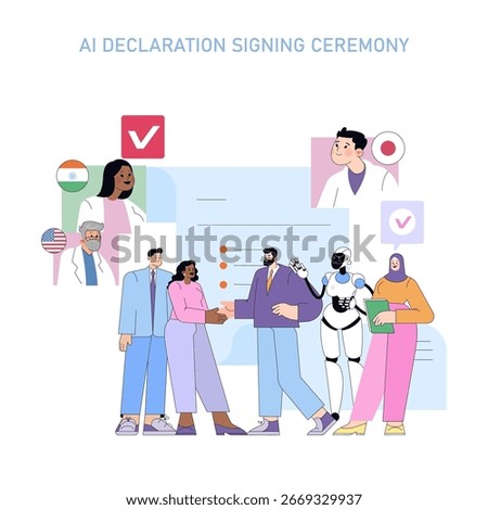Vector illustration of a diverse group at an AI declaration signing ceremony, featuring individuals and a robot shaking hands, symbolizing collaboration and technological advancement.