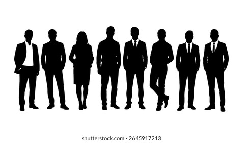 vector illustration: A diverse group of business professionals, silhouetted in black, stand together holding documents and briefcases, symbolizing teamwork and collaboration