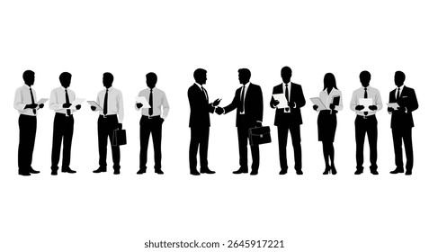 vector illustration: A diverse group of business professionals, silhouetted in black, stand together holding documents and briefcases, symbolizing teamwork and collaboration