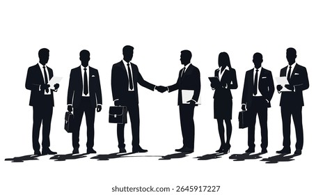 vector illustration: A diverse group of business professionals, silhouetted in black, stand together holding documents and briefcases, symbolizing teamwork and collaboration