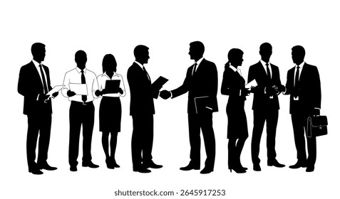 vector illustration: A diverse group of business professionals, silhouetted in black, stand together holding documents and briefcases, symbolizing teamwork and collaboration