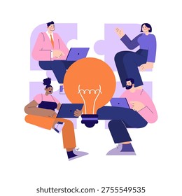 Vector illustration of a diverse group collaborating around a giant lightbulb puzzle. The scene emphasizes teamwork and creative brainstorming. Each person is engaged, symbolizing innovation.