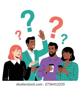 Vector illustration of a diverse group discussing ideas, asking questions, and seeking solutions. Question marks symbolize inquiry, collaboration, problem-solving, and effective communication.