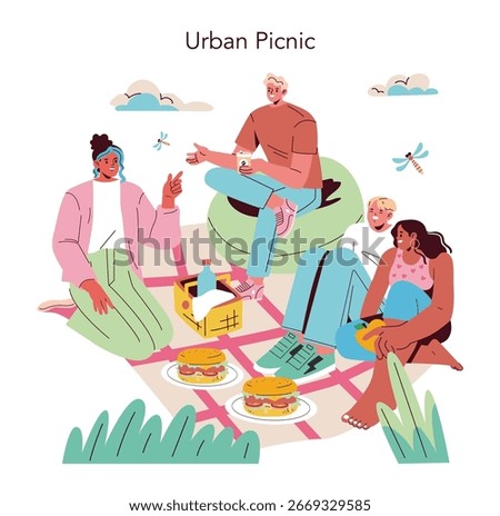 Vector illustration of a diverse group of friends having an urban picnic outdoors. They are sitting on a blanket with food, drinks, and sharing joyful moments together.