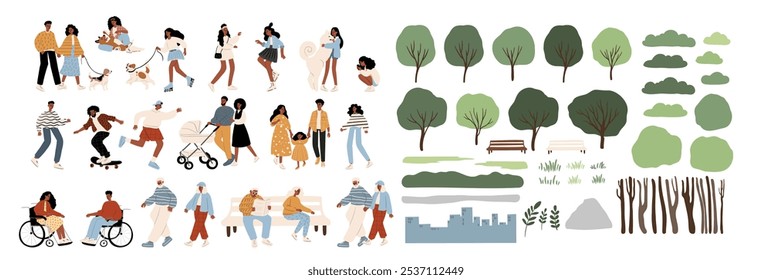 Vector illustration of a diverse group of individuals, lush trees and foliage. Hand-drawn style highlights inclusivity, featuring various people all ages, including wheelchair users, family on nature
