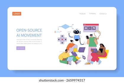 Ilustración vectorial de un grupo diverso de personas que colaboran con un robot en proyectos de IA de código abierto. Equipo comprometido que utiliza tecnología y dispositivos para la innovación creativa.