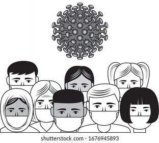 Vector illustration of a diverse group of people wearing face masks with the corona virus above their heads