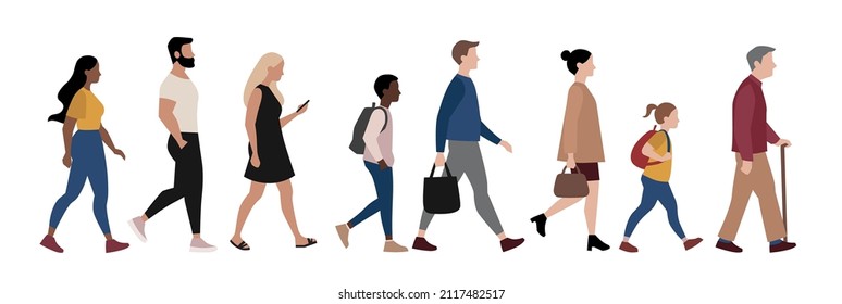 Vector illustration of diverse group of people walking isolated on white background