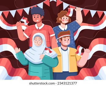 Vector illustration diverse group of people come together to celebrate Indonesian Independence Day on August 17th. They rejoice in the nation's freedom, creating a vibrant atmosphere of unity and joy
