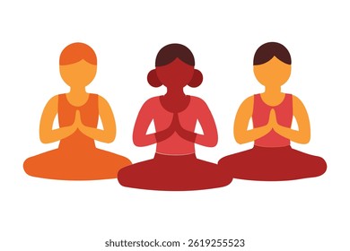 Vector illustration of a diverse group of people practicing yoga and meditation in a peaceful outdoor setting at sunrise, with warm colors symbolizing calmness, balance, and serenity on a white backgr