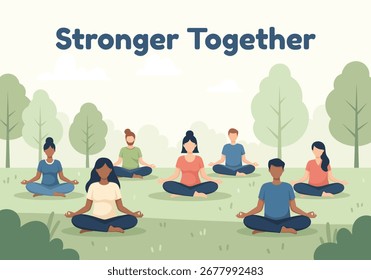 vector illustration of a diverse group of people meditating together in a park for a World Mental Health Day 'Stronger Together' concept of community support.