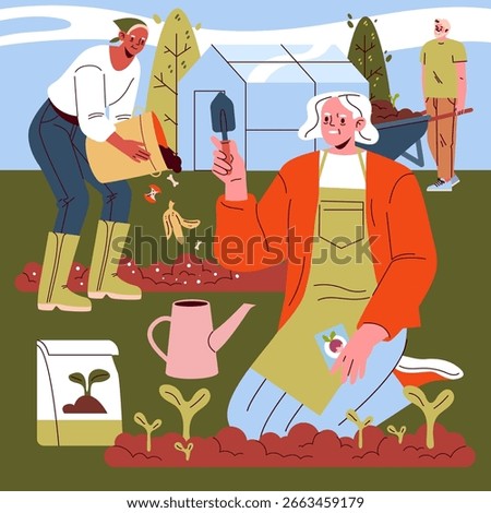 Vector illustration of a diverse group of people gardening and composting. One person plants seeds, another adds compost, while a third observes. Showcases teamwork in gardening.