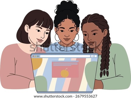 vector illustration of a diverse group of three teenage girls using a laptop together for an International Day of the Girl Child concept of STEM education and collaboration.