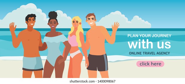 Vector illustration of diverse group of young men and women having fun and enjoying sea vacation on the beach. Creative banner, flyer, landing page or blog post for travel agency or tour operator.