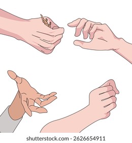 Vector illustration of diverse hand gestures in different poses and skin tones. Includes gripping, reaching, and open palm positions for design reference, anatomy study, and storytelling scenes