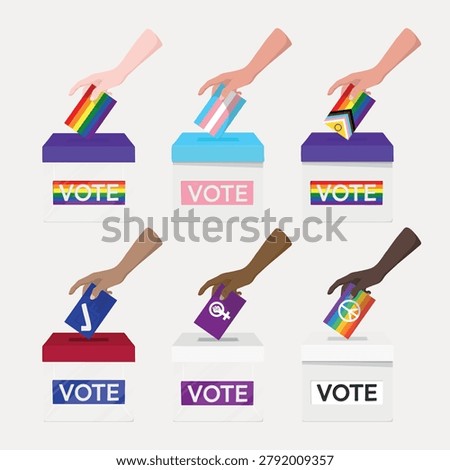 Vector illustration of diverse hands casting votes into colorful ballot boxes, each featuring different pride flags and symbols.