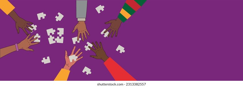 vector Illustration of diverse hands collaborating to assemble puzzle pieces on a purple background, symbolizing teamwork, cooperation, and unity in problem-solving and project collaboration.