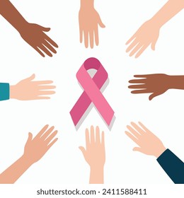 Vector Illustration of Diverse hands holding a cancer awareness ribbon.