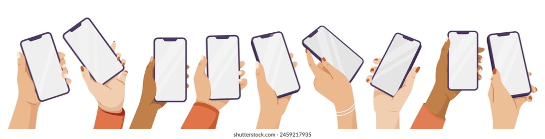 Vector illustration of diverse hands holding smartphones, flat style, white background, concept of communication. Vector illustration