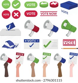 Vector illustration of diverse hands holding vote signs, ballot boxes, megaphones, and check marks in a voting-themed design.