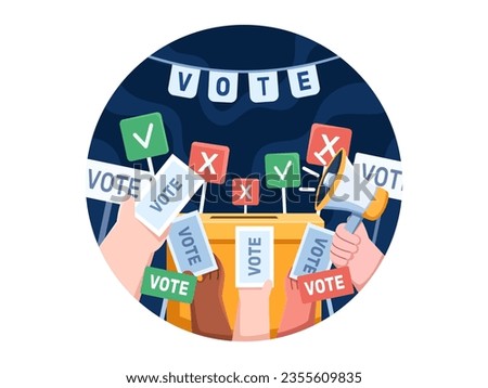 Vector Illustration of Diverse hands holding vote cards around a ballot box symbolize democracy, citizen participation, and collective decision-making.
Perfect for banner, web, landing page, etc.