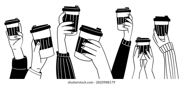 Vector illustration of diverse human hands holding paper coffee cups up in the air. Minimalist black and white line art continuous gesture of cheering coffee lovers, takeaway espresso paper cups, coffee break group concept, cafe banner, and packaging design.