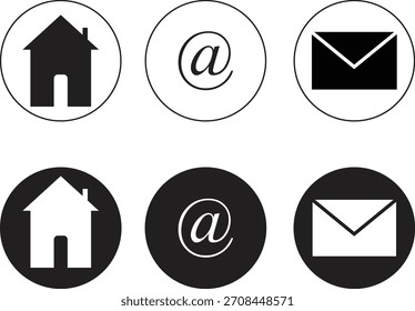 Ilustración vectorial de un conjunto de íconos diversos para información de contacto, con el hogar, el símbolo del arte y el sobre en variaciones en blanco y negro. Ideal para Diseño web e interfaces digitales.