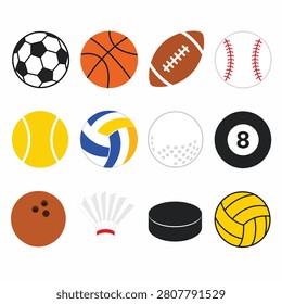 Vector illustration of diverse icons including sports ball basketball soccer football baseball tennis golf hockey and basketball