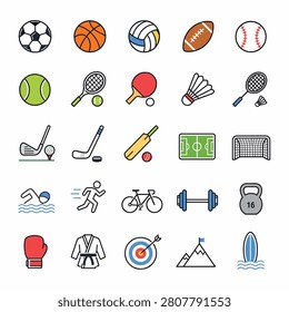 Vector illustration of diverse icons including sports equipment, musical instruments, and household items