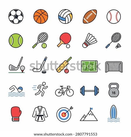 Vector illustration of diverse icons including sports equipment, musical instruments, and household items