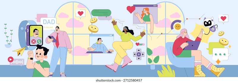 Ilustración vectorial de diversos individuos involucrados en diversas interacciones virtuales. Video Las actividades incluyen llamadas, juegos, redes sociales y el uso de tecnología portátil, lo que refleja la comunicación moderna