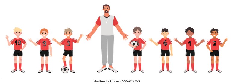 Vector illustration of a diverse junior football or soccer team in a red uniform with their male coach isolated on a white background.