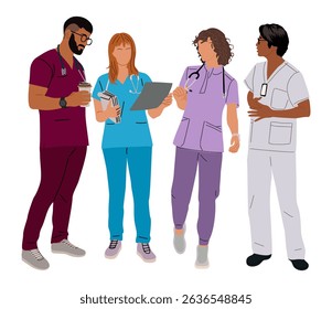 Vector illustration of diverse medical professionals in scrubs discussing patient care. Ideal for healthcare, teamwork, hospital, and medical staff design projects