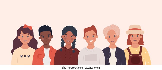 Ilustración vectorial con diversos grupos multirraciales de niños. De vuelta al concepto escolar. Estilo plano