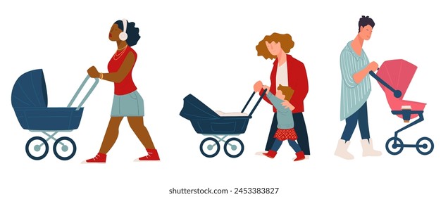 Vector illustration of diverse parents with strollers, reflecting modern parenting and family activities.