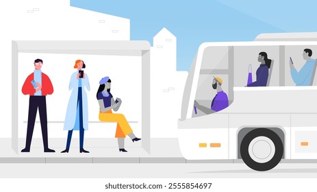 Vector illustration of diverse people at a bus stop and inside a bus, showcasing modern urban lifestyle, technology use, and transportation in a clean and minimalist city setting.